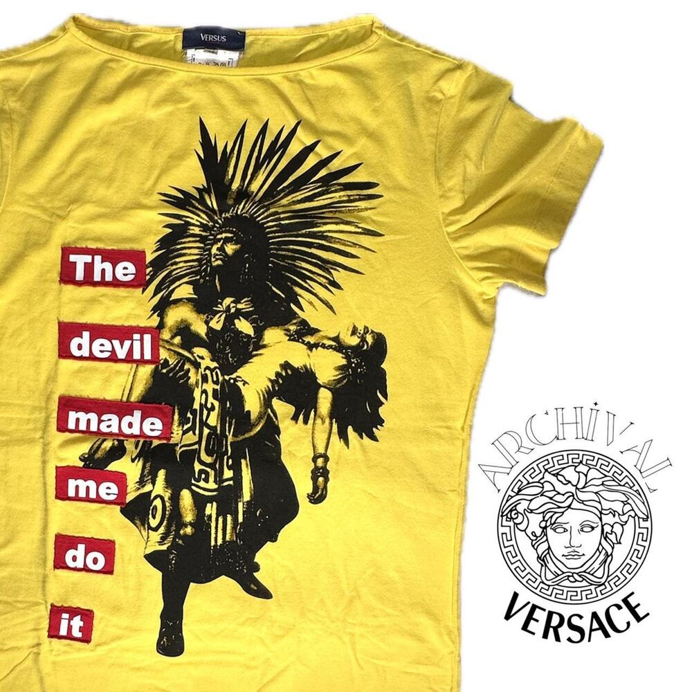 Rare Vintage Yellow Versus Versace Devil Made Me Do It Graphic Tee - Size S/M